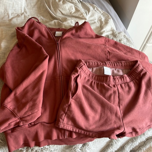 TNA Sweaters - TNA Cozy Zip Hoodie and Shorts Set - Rust